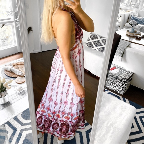 πΊ BOHO FLORAL BURGUNDY RED PINK IVORY SEQUIN OPEN BACK MAXI DRESS! - Picture 3 of 9